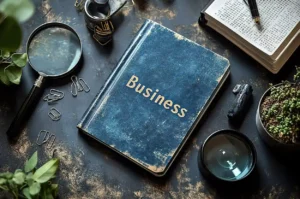 A blue book labeled Business is on a desk surrounded by a magnifying glass, paper clips, a black pen, a potted plant, and an open book. The scene appears organized and professional. canadianghostwriters