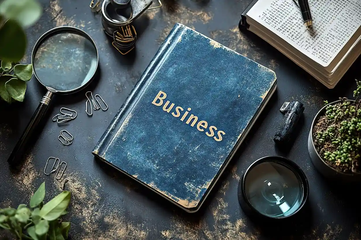 A blue book labeled Business is on a desk surrounded by a magnifying glass, paper clips, a black pen, a potted plant, and an open book. The scene appears organized and professional. canadianghostwriters