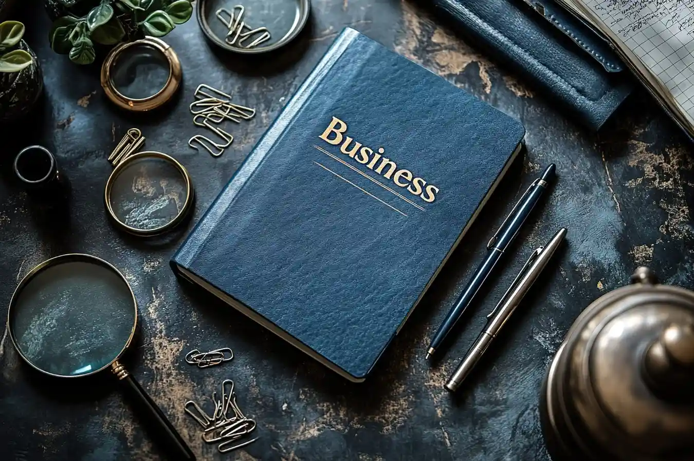 A dark blue notebook labeled Business lies on a desk with pens, paper clips, a magnifying glass, glasses, a plant, and other office supplies arranged around it. canadianghostwriters