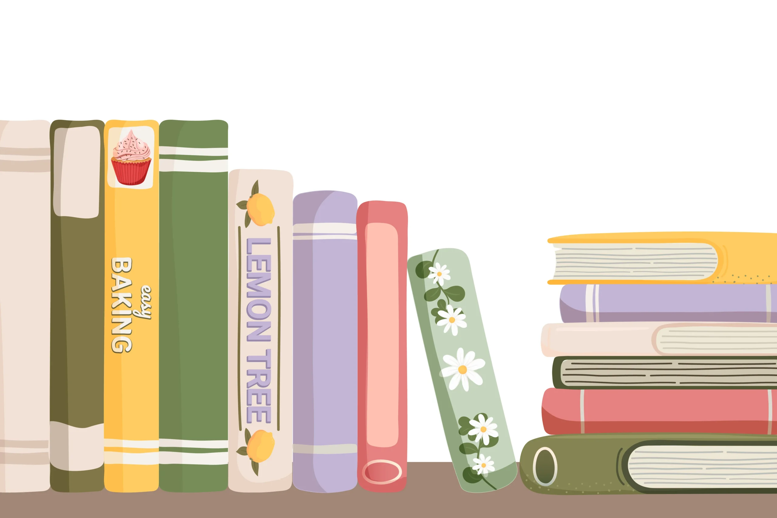 Illustration of books standing upright and stacked on a shelf, including titles like "Baking" and "Lemon Tree," with pastel-colored covers and decorative floral designs.