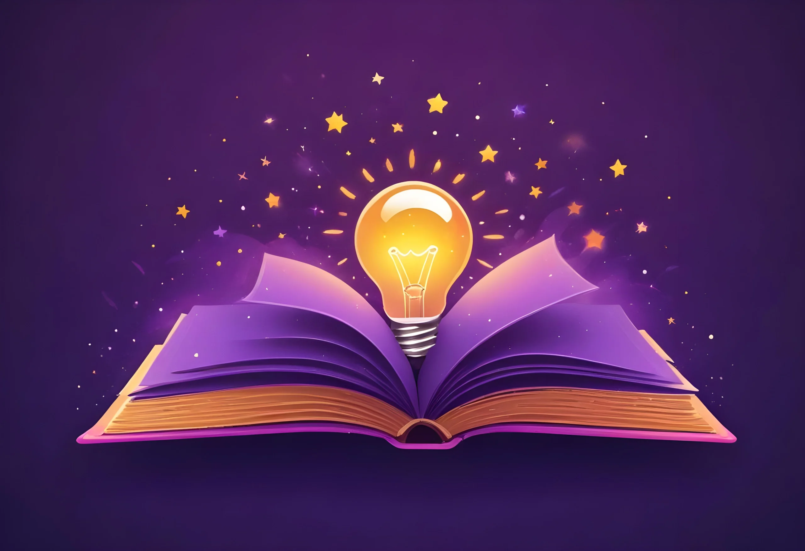 An open book with glowing pages and a lit light bulb emerging, surrounded by stars, set against a purple background.