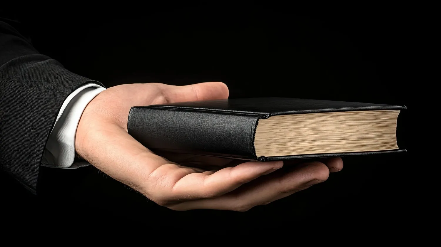 A person wearing a black suit holds a closed, thick black book horizontally against a black background. canadianghostwriters
