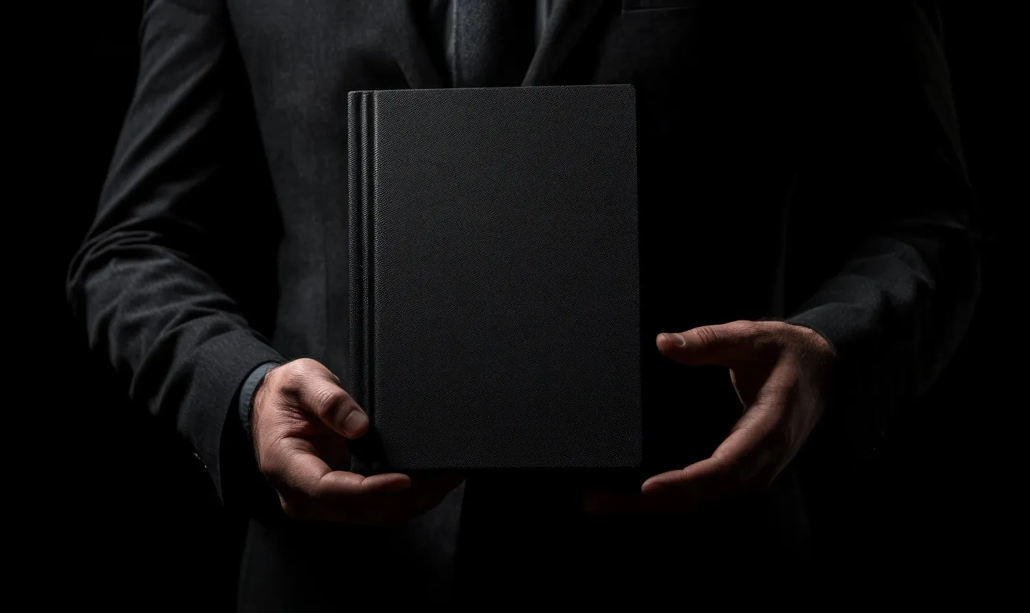 A person in a dark suit holds a plain black book with both hands, presented against a dark background. canadianghostwriters