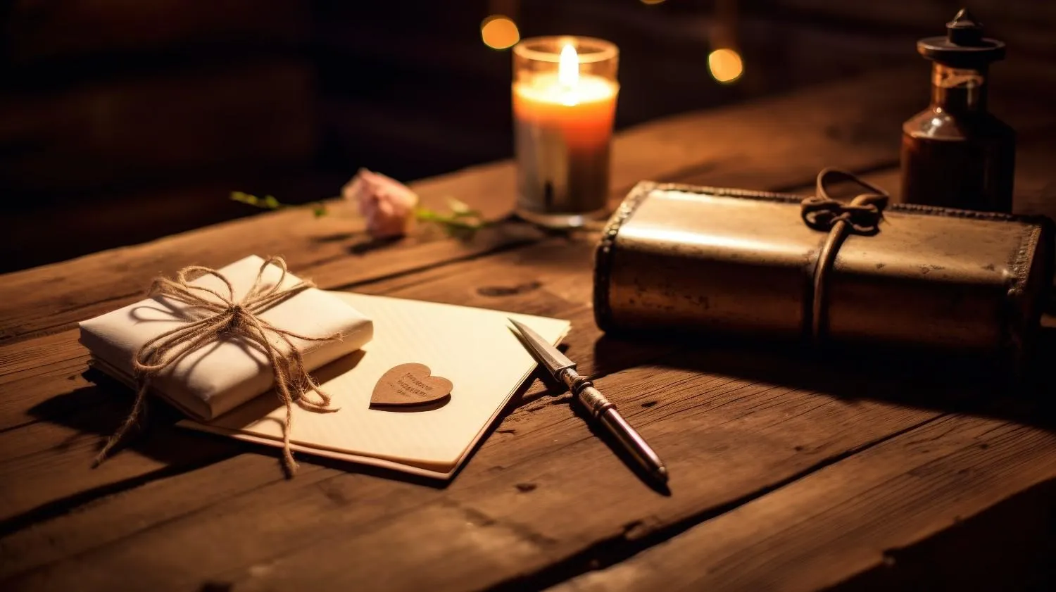 A rustic wooden table with a wrapped gift, a blank paper, a heart-shaped wooden charm, a metal pen, a glass candle, and a vintage ink bottle. canadianghostwriters