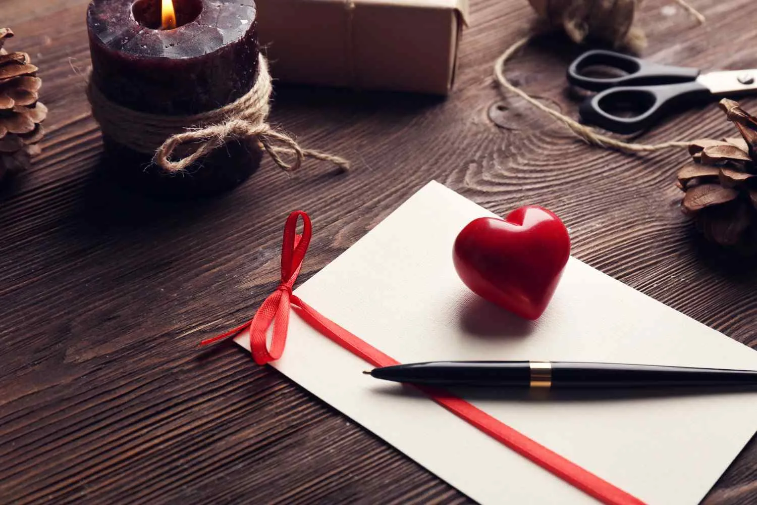 A white card with a red ribbon and heart ornament, a black pen, a lit candle, pinecones, and scissors on a rustic dark wooden table surface background. canadianghostwriters