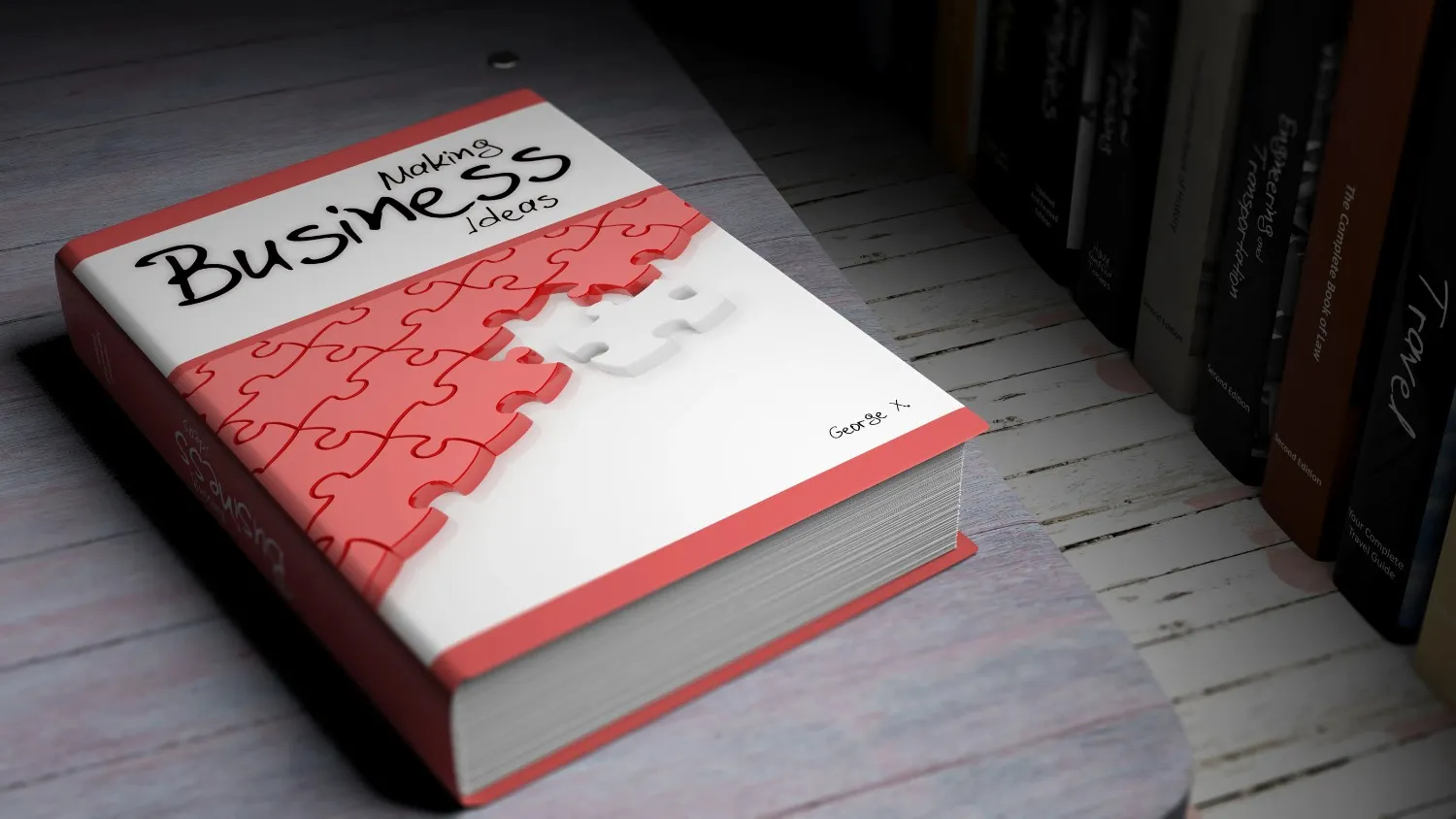 A book titled Making Business Ideas with a red and white puzzle piece cover lies on a desk near a stack of other books.canadianghostwriters