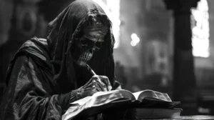 hooded-skeletal-figure-sits-dimly-lit-church-writing-book-figure-appears-be-reading-book-perhaps-taking-notes-adding-name-list-deceased Canadian ghostwriters