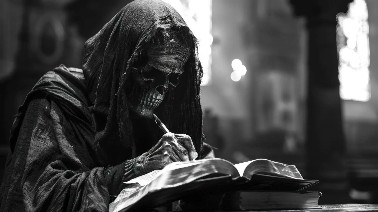 hooded-skeletal-figure-sits-dimly-lit-church-writing-book-figure-appears-be-reading-book-perhaps-taking-notes-adding-name-list-deceased Canadian ghostwriters