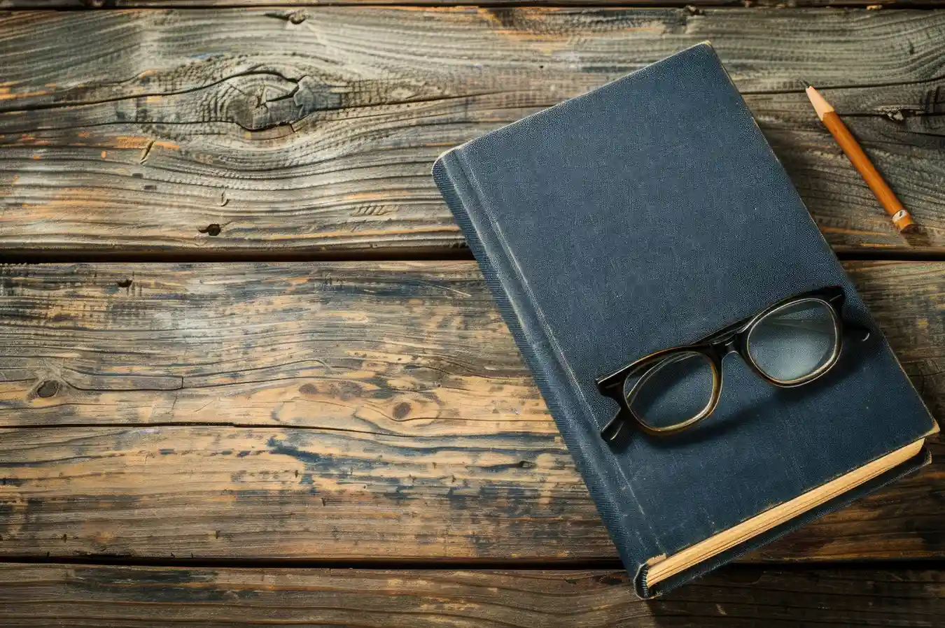 A closed blue book with black eyeglasses resting on top sits on a rustic wooden table next to a pencil. canadianghostwriters