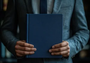 Person in a suit holding a closed blue book..canadianghostwriters