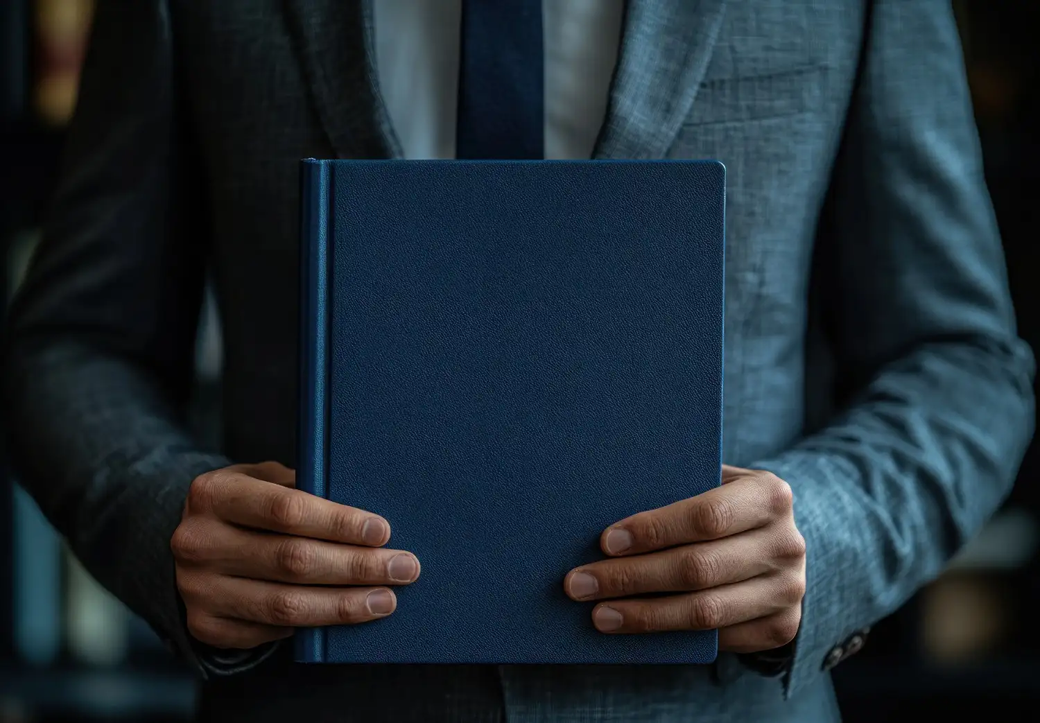 Person in a suit holding a closed blue book..canadianghostwriters