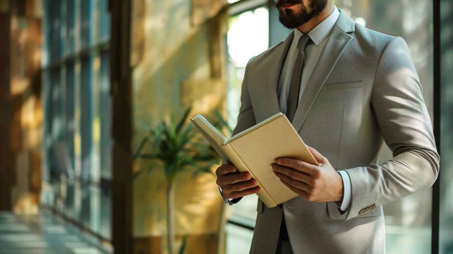 Man in a gray suit reading a book in a sunlit office. canadianghostwriters