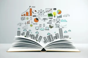 An open book displays a collage of business and urban planning doodles, including buildings, graphs, and team icons. canadianghostwriters