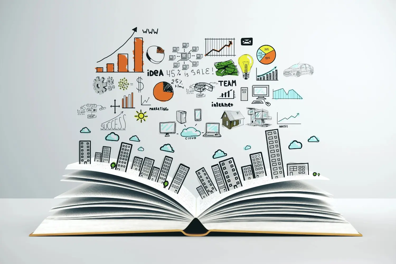 An open book displays a collage of business and urban planning doodles, including buildings, graphs, and team icons. canadianghostwriters