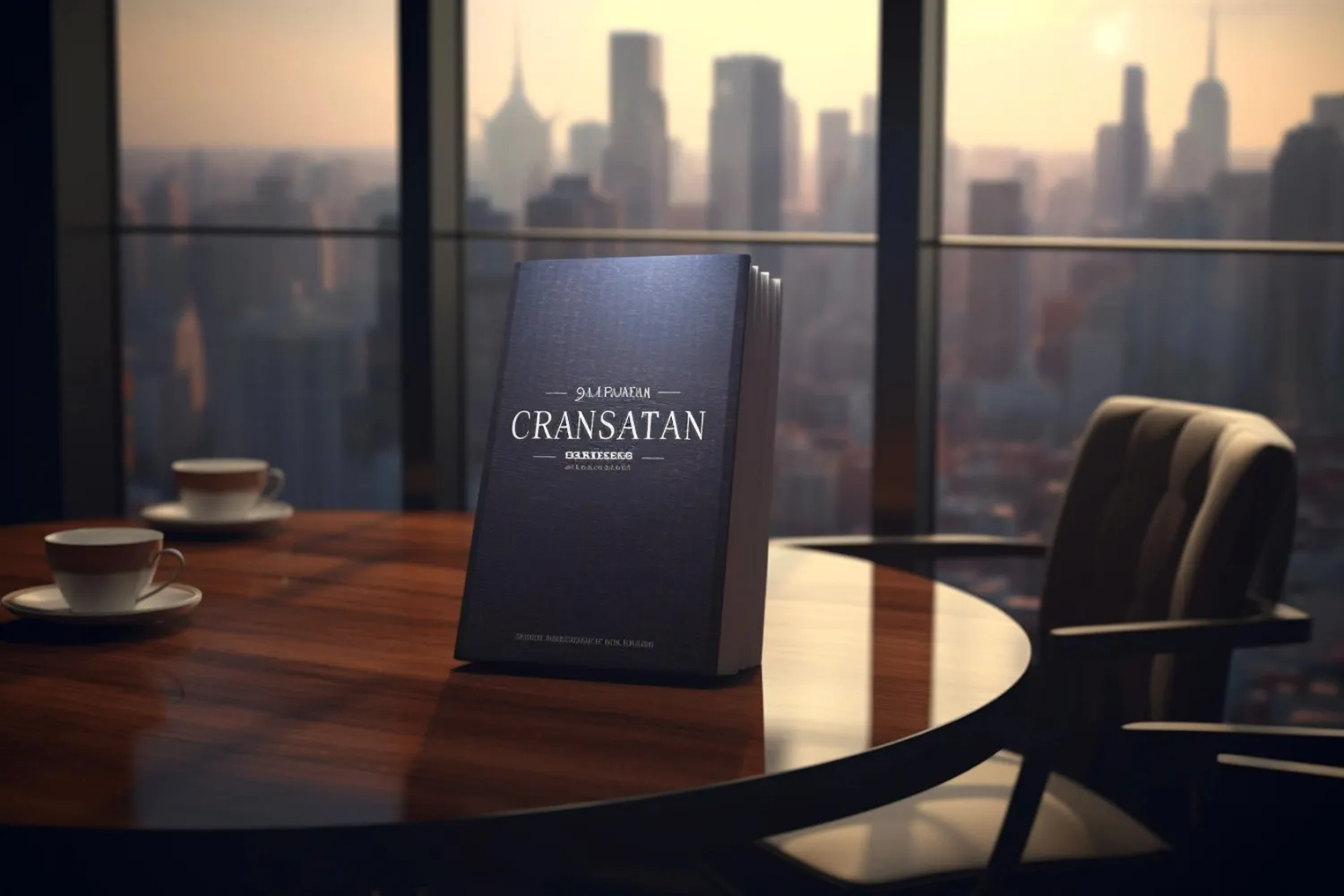 Dark book titled "CRANSATAN" stands on a wooden table with two cups of coffee, overlooking a city skyline at dusk. canadianghostwriters