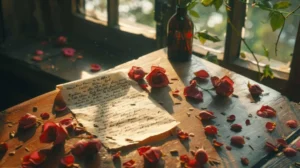 romantic-love-letter-antique-table-surrounded-by-vines-petals