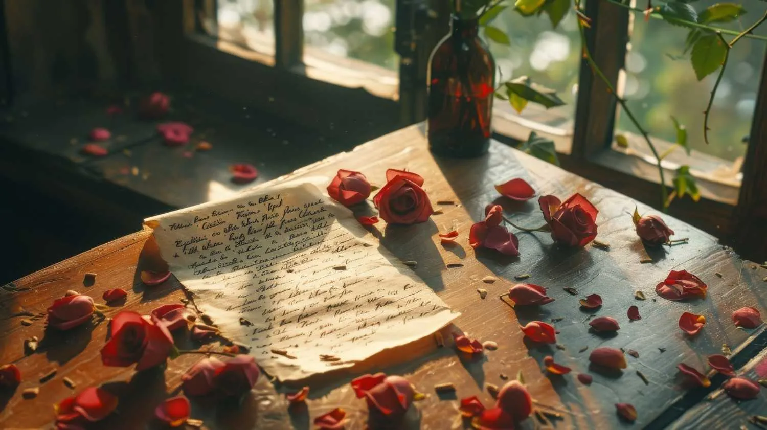 romantic-love-letter-antique-table-surrounded-by-vines-petals