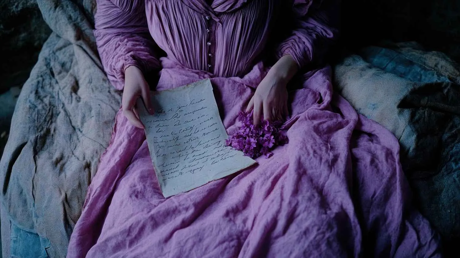 woman-reads-antique-letter-lilac-blossoms-vintage-dress-dark-room-romantic-mood