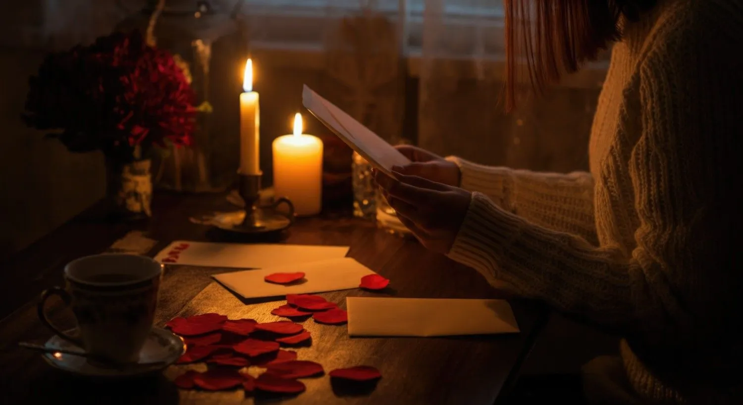 young-caucasian-female-reading-romantic-letter-with-candlelight-rose-petals