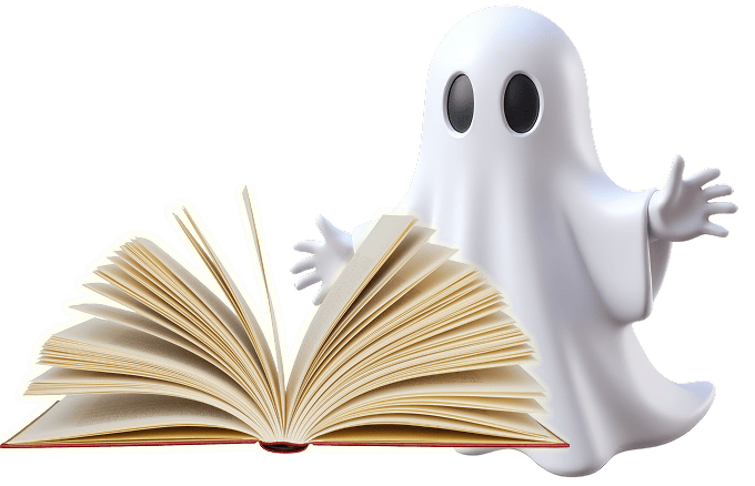 Canadian Ghostwriters ghost mascot holding an open book