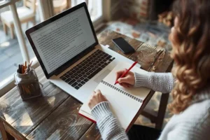 close-up-hannd-woman-writing-notebook-with-pen-while-sitting-wooden-desk-near-laptop-computer canadianghostwriters
