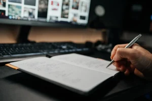 closeup-hand-writing-notes-notebook-desk-with-computer-concept-planning-studying-working canadianghostwriters