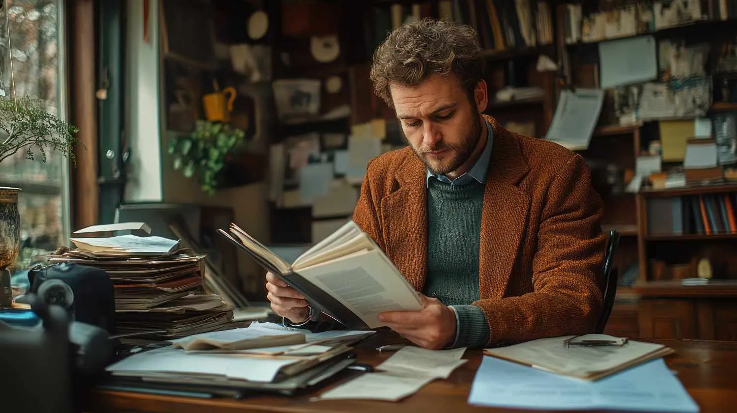 focused-man-reading-book-cluttered-wooden-desk canadianghostwriters