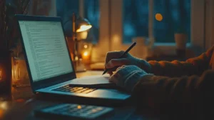 person-working-laptop-night-writing-notes-notebook canadianghostwriters