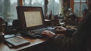 person-writes-notes-vintage-keyboard-cozy-desk-with-window-showing-raindrops-greenery-quiet-setting canadianghostwriters
