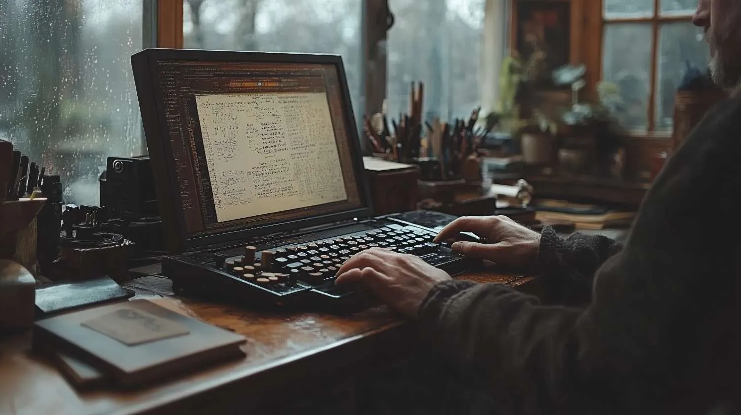 person-writes-notes-vintage-keyboard-cozy-desk-with-window-showing-raindrops-greenery-quiet-setting canadianghostwriters