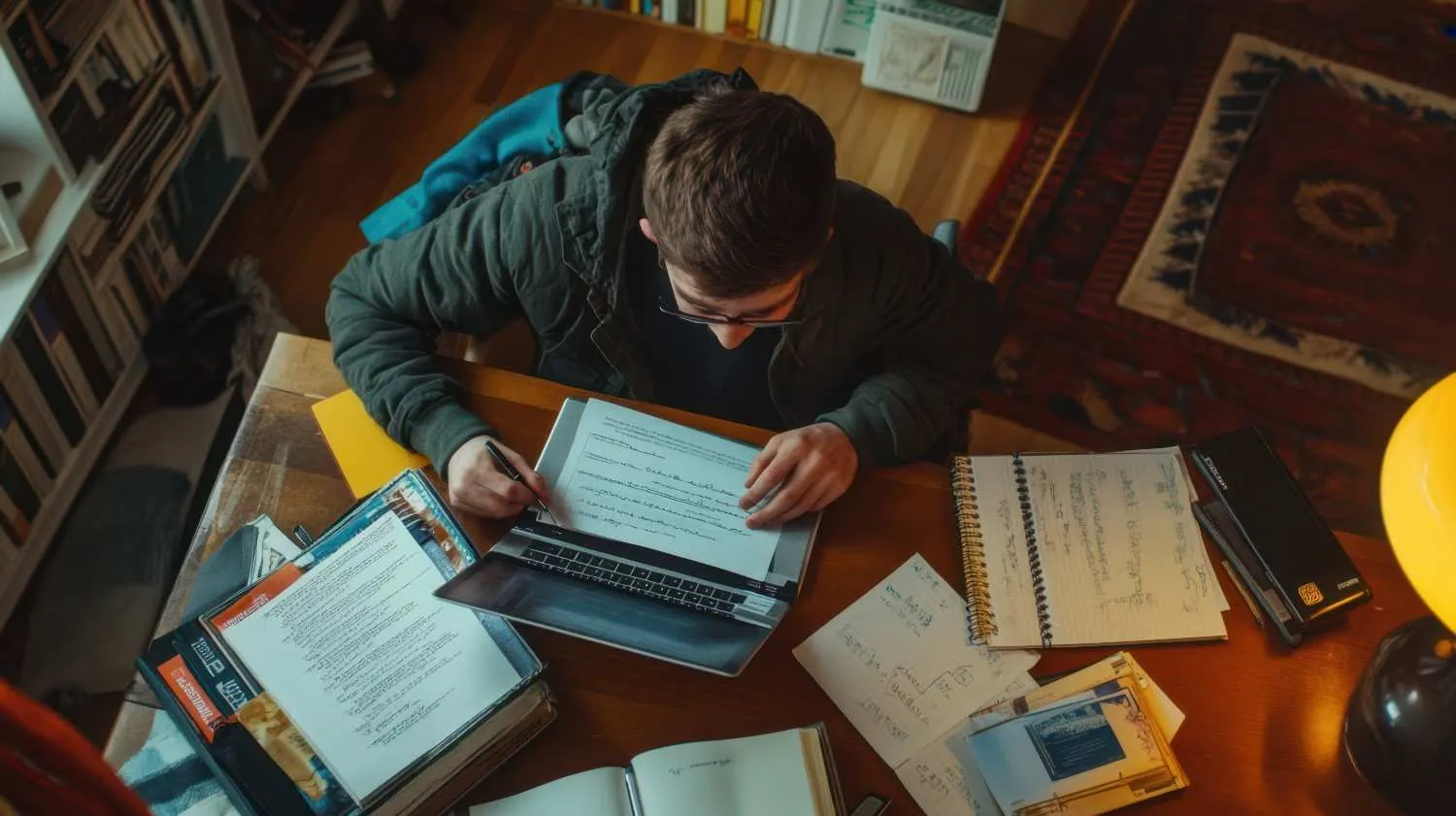 student-writing-essay-laptop-with-books-notes-spread-across-desk canadianghostwriters