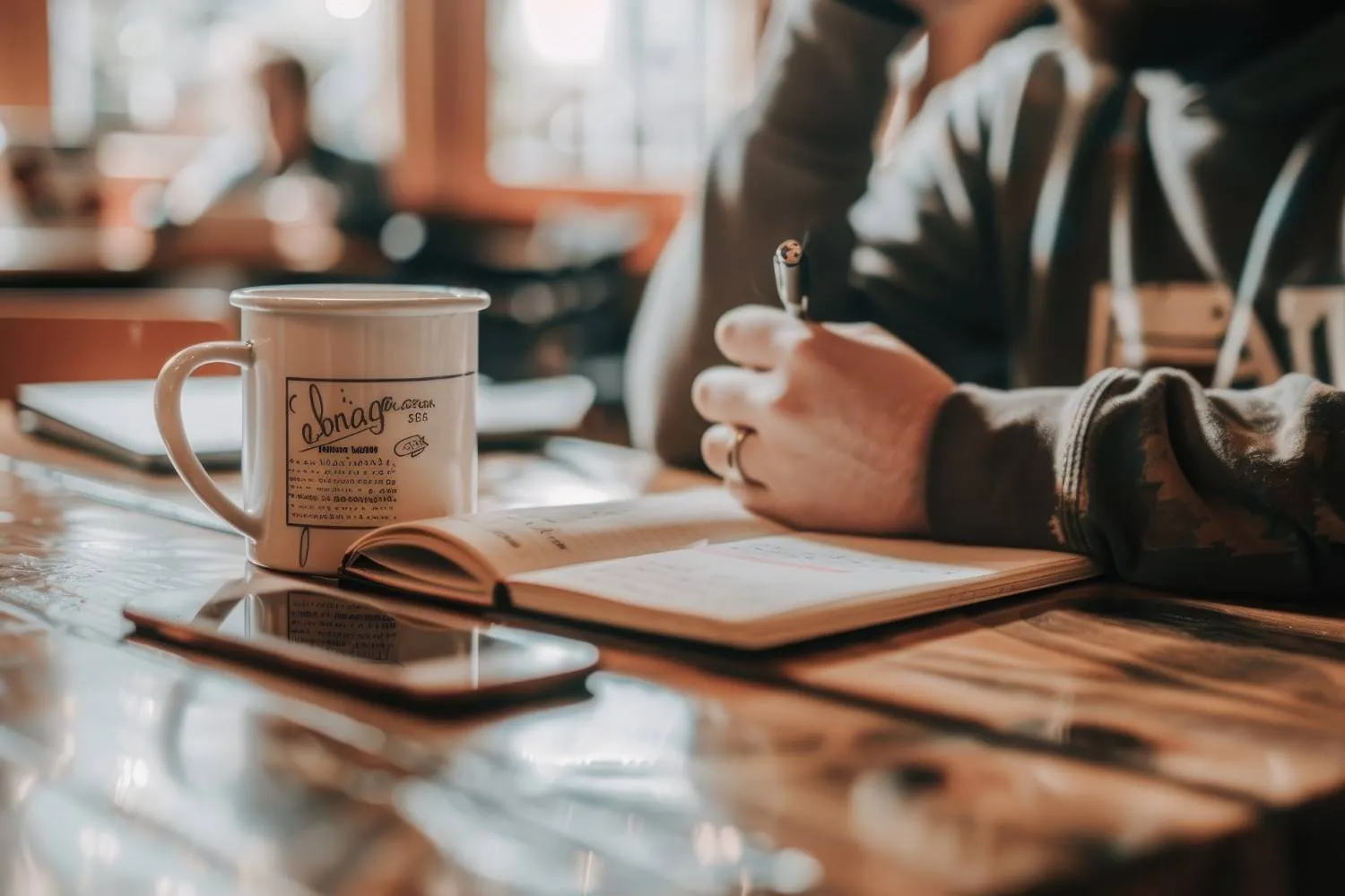 this-image-depicts-person-writing-brown-wooden-table-with-white-ceramic-mug-nearby-adding