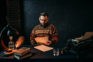 Writer at a desk reading a manuscript by lamplight