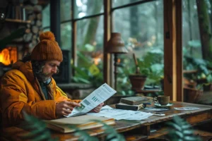 man-studying-documents-cozy-cabin-surrounded-by-nature canadianghostwriters