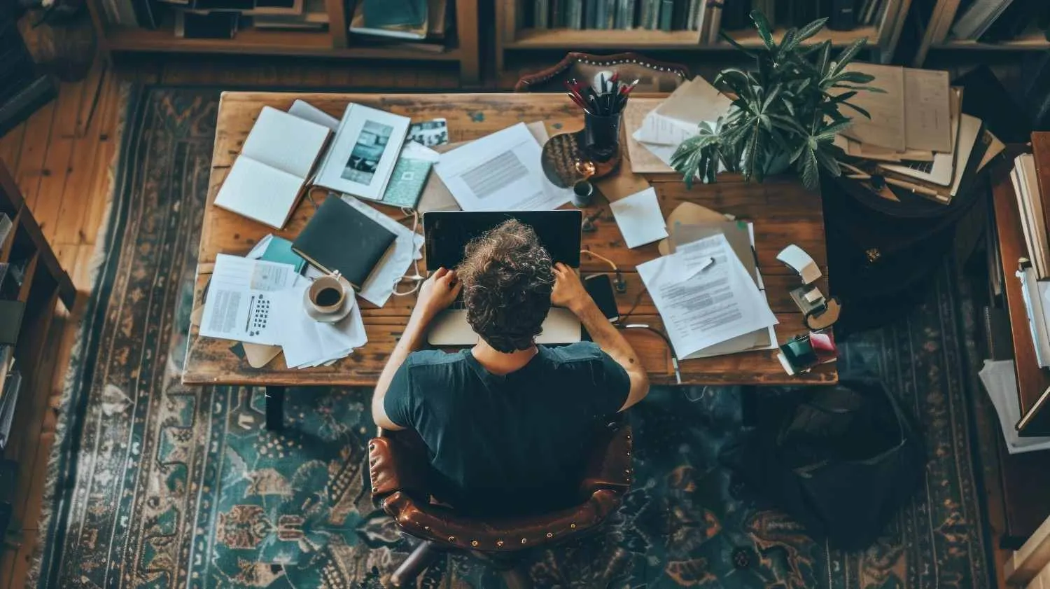 top-view-very-busy-businessman-working-with-laptop-with-papers-desk-home-ai-generate canadianghostwriters